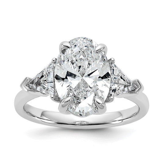 14K White Gold 1 1/8 carat Lab Grown Diamond VS/SI+ G+ Trillion and 3 carat Oval Center Semi Mount Three Stone Engagement Ring