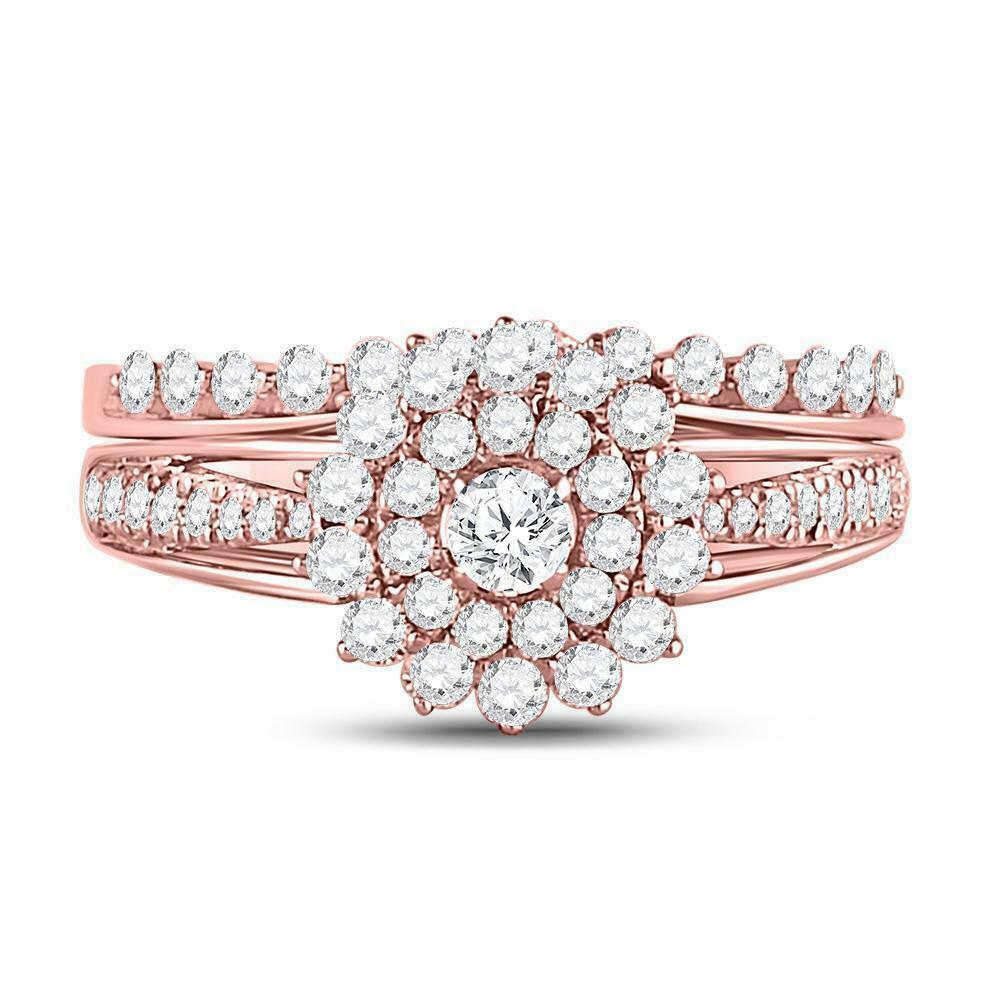 1 Carat Round Diamond Floral Halo Engagement Wedding Ring Set 14K Rose Gold