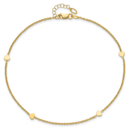 14K Yellow Gold Polished Hearts 4-Station 10 Inch Plus 1 Inch Extender - Total 11 Inch Anklet