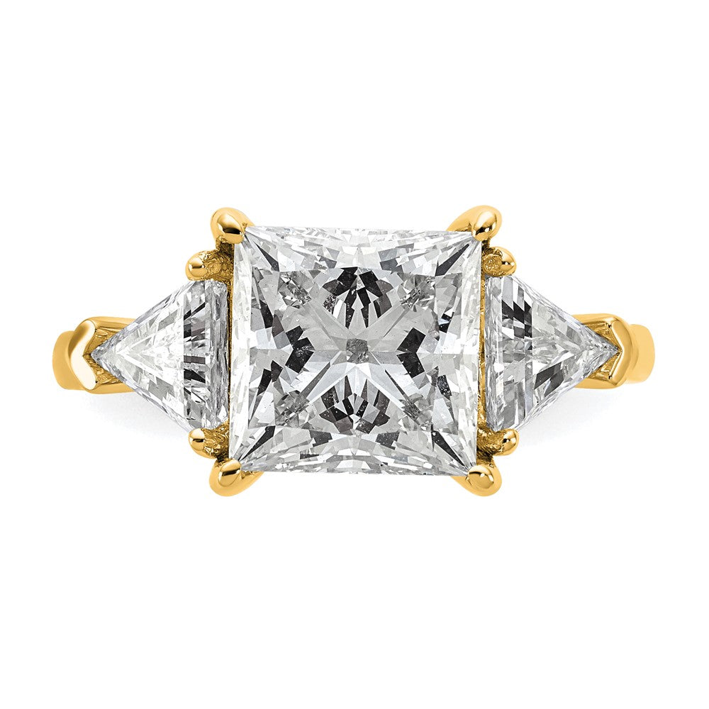 14K Yellow Gold 1 1/8 carat Lab Grown Diamond VS+ F+ Trillion and 3 carat Princess Center Semi Mount Three Stone Engagement Ring