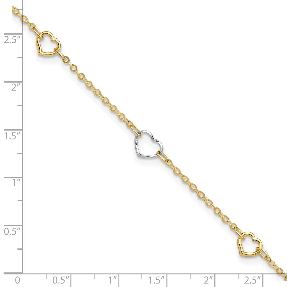 14K Two-Tone Gold Two-tone Polished Open Hearts 5-Station 9 Inch Plus 1 Inch Extender - Total 10 Inch Anklet