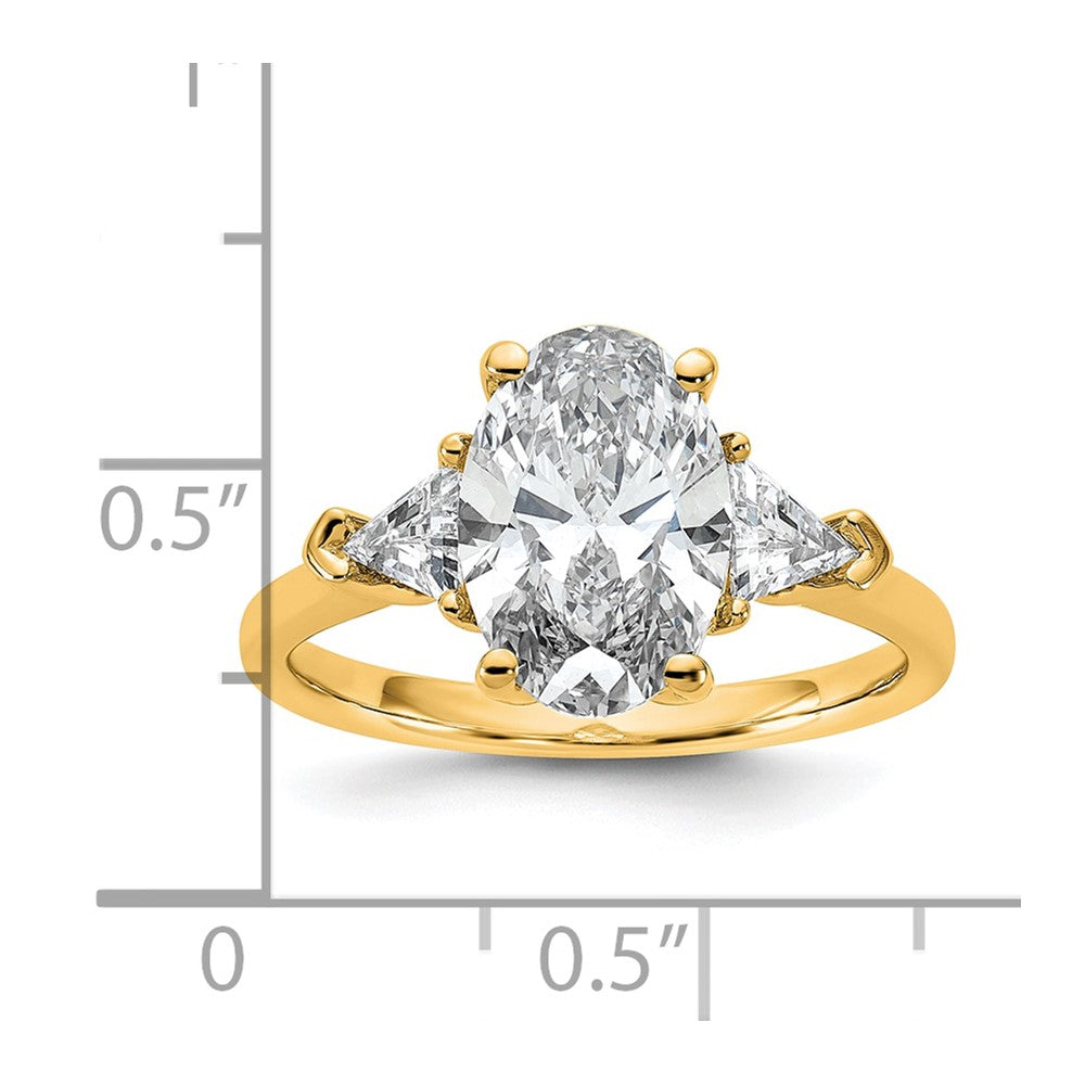 14K Yellow Gold 5/8 carat Lab Grown Diamond VS+ F+ Trillion and 2 1/2 carat Oval Center Semi Mount Three Stone Engagement Ring