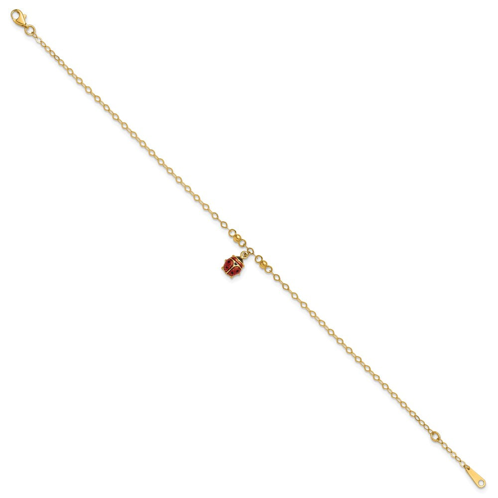 14K Yellow Gold Red and Black Enameled Ladybug 9 Inch Plus 1 Inch Extender - Total 10 Inch Anklet