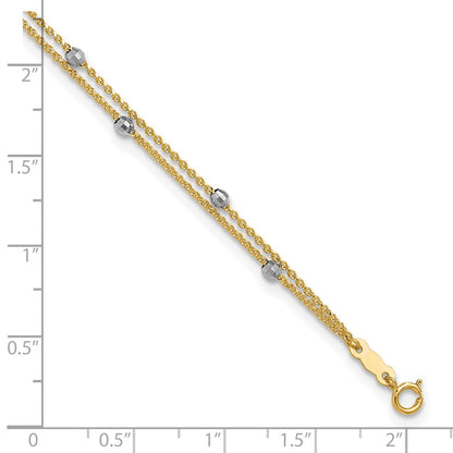 14K Two-Tone Gold Two-tone 2-Strand Chain with Mirror Beads 9 Inch Plus 1 Inch Extender - Total 10 Inch Anklet