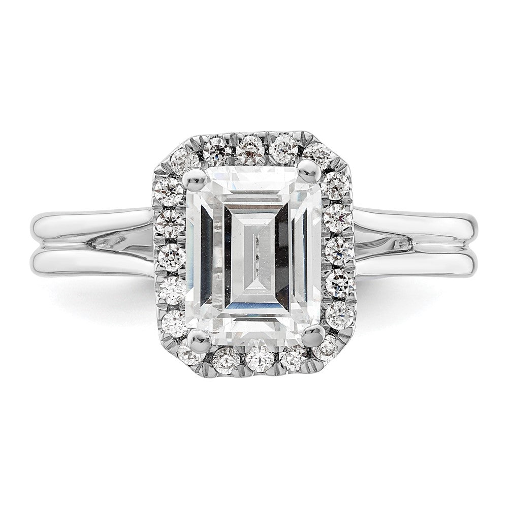 14K White Gold Halo (Holds 1.5 carat (7.7x5.8mm) Emerald-cut Center) 1/5 carat Diamond Semi-mount Split Shank Engagement Ring