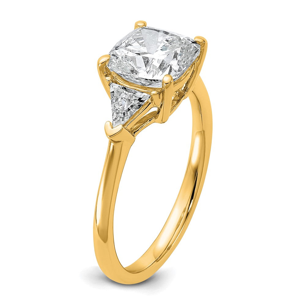 14K Yellow Gold 2 1/2 carat Certified Lab Grown Diamond VS/SI+ G+ Cushion and Triangle Complete Three Stone Engagement Ring