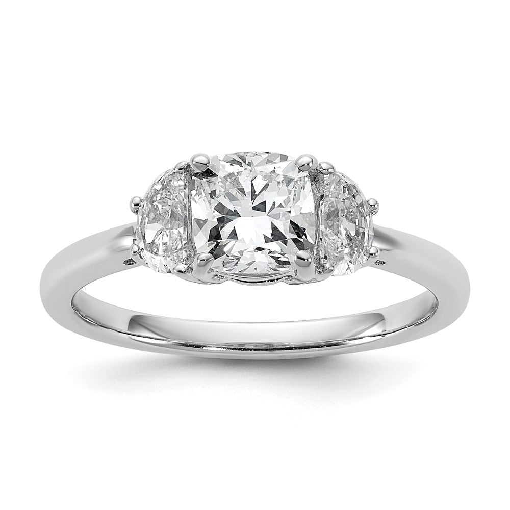 14K White Gold 1 3/8 carat Certified Lab Grown Diamond VS/SI+ G+ Complete Cushion and Half Moon Three Stone Engagement Ring
