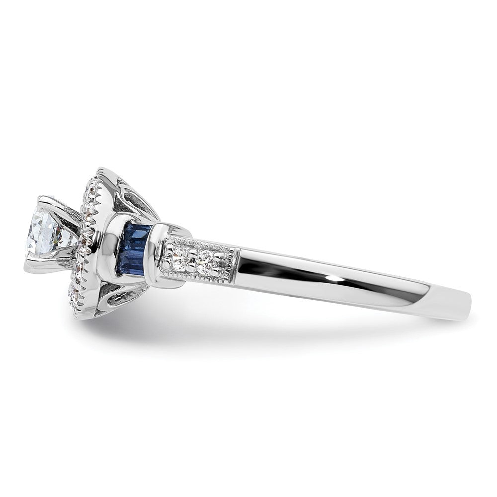 14K White Gold 1/2 carat Lab Grown Diamond VS/SI+ G+ and Created Sapphire Complete Round Halo Engagement Ring