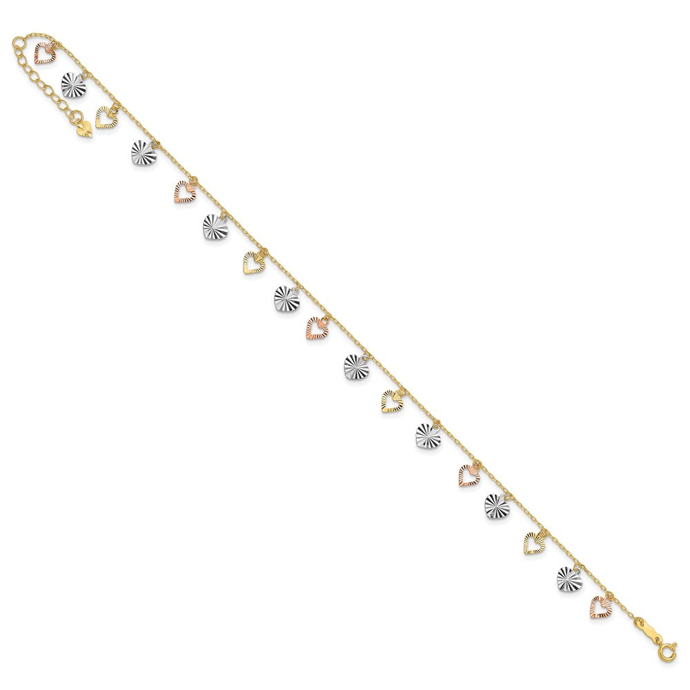 14K Tri-Color Gold Tri-Color Dangle Hearts 9 Inch Plus 1 Inch Extender - Total 10 Inch Anklet
