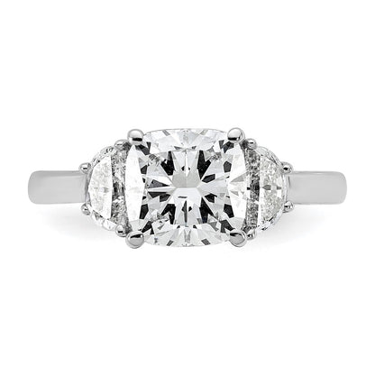 14K White Gold 1/2 carat Lab Grown Diamond VS+ F+ Half Moon and 2 carat Cushion Center Semi Mount Three Stone Engagement Ring
