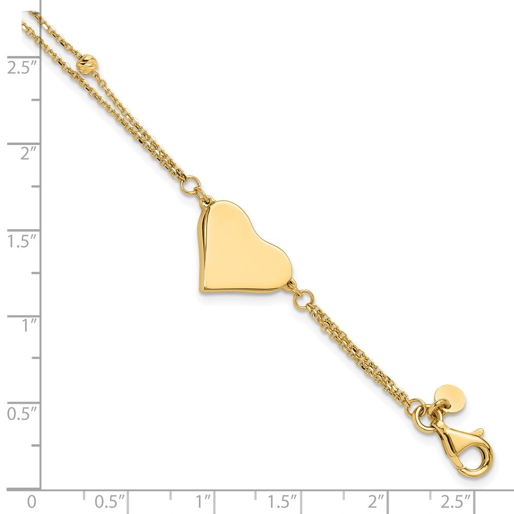 14K Yellow Gold Polished 11x18mm Heart and Diamond-cut Beaded 2-Strand 7.5 Inch Bracelet