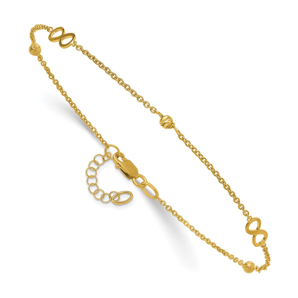 14K Yellow Gold Infinity and Diamond-cut Bead 9 Inch Plus 1 Inch Extender - Total 10 Inch Anklet