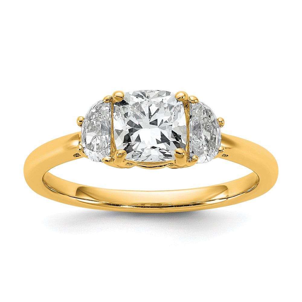 14K Yellow Gold 3/8 carat Lab Grown Diamond VS/SI+ G+ Half Moon and 1 carat Cushion Center Semi Mount Three Stone Engagement Ring
