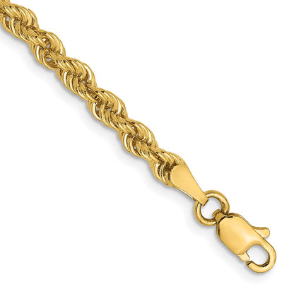 8 Inch 14K Yellow Gold 3mm Solid Regular Rope Chain Bracelet