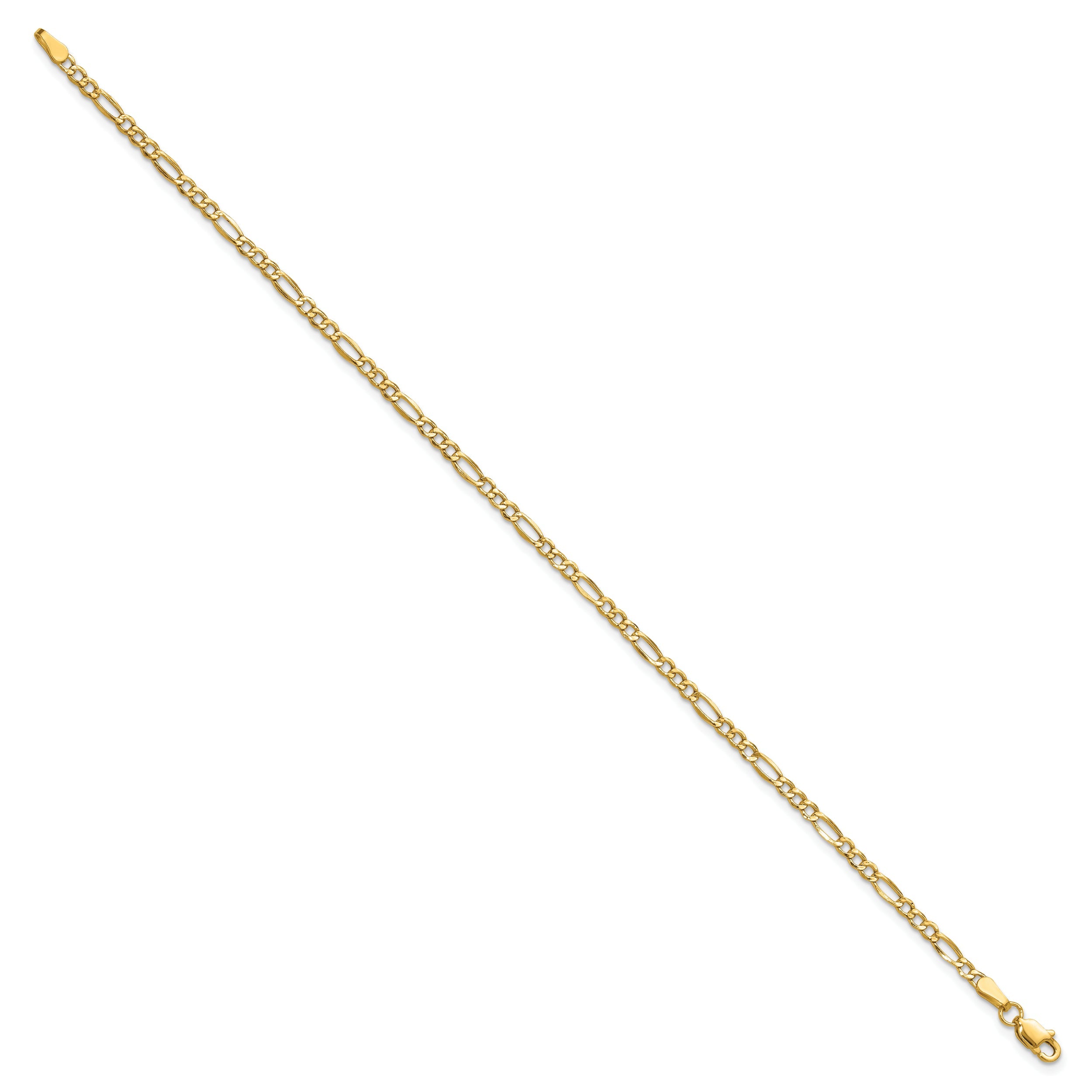 8 Inch 14K Yellow Gold 2.5mm Semi Solid Figaro Chain Bracelet