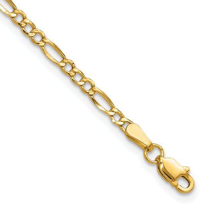 8 Inch 14K Yellow Gold 2.5mm Semi Solid Figaro Chain Bracelet