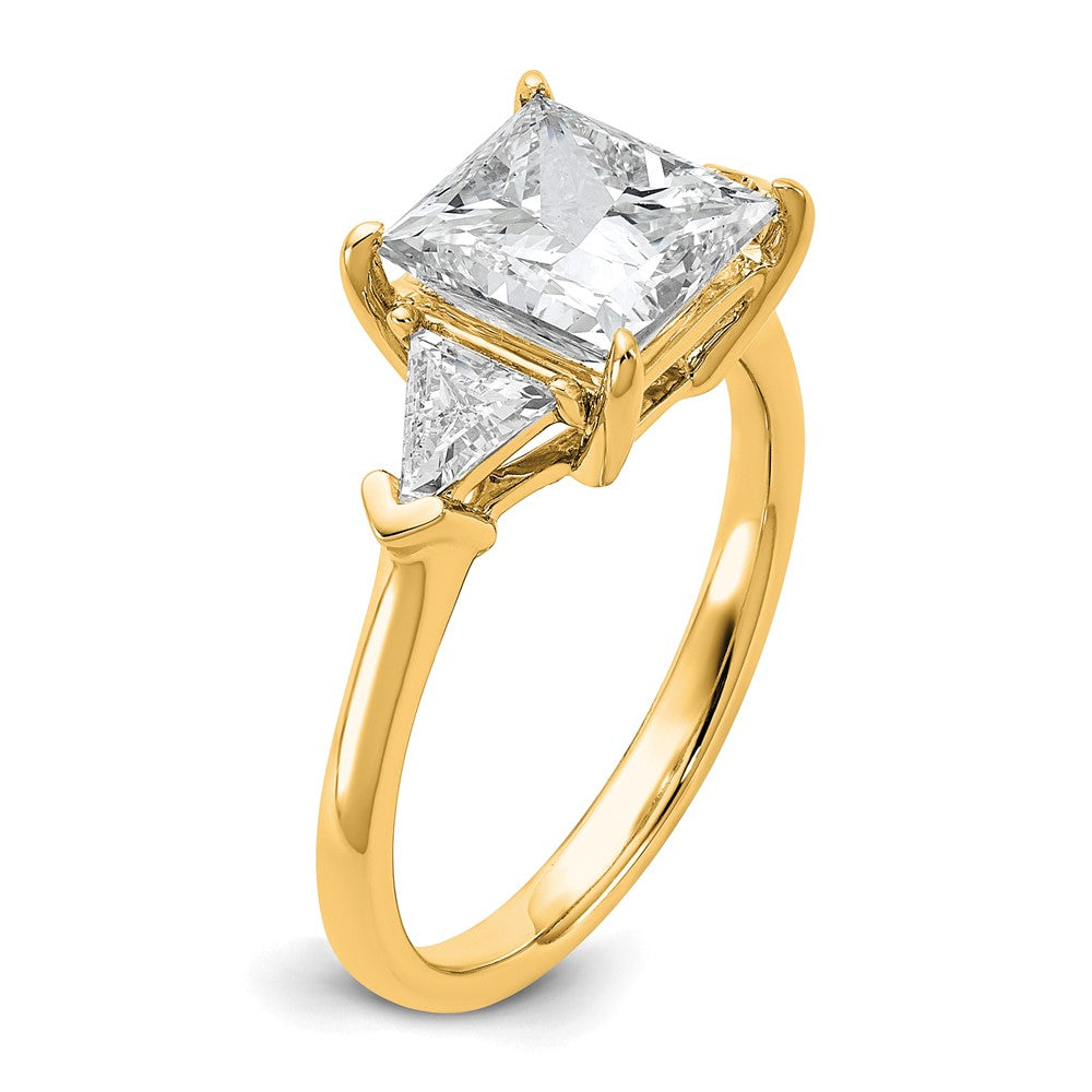 14K Yellow Gold 5/8 carat Lab Grown Diamond VS/SI+ G+ Trillion and 2 1/2 carat Princess Center Semi Mount Three Stone Engagement Ring