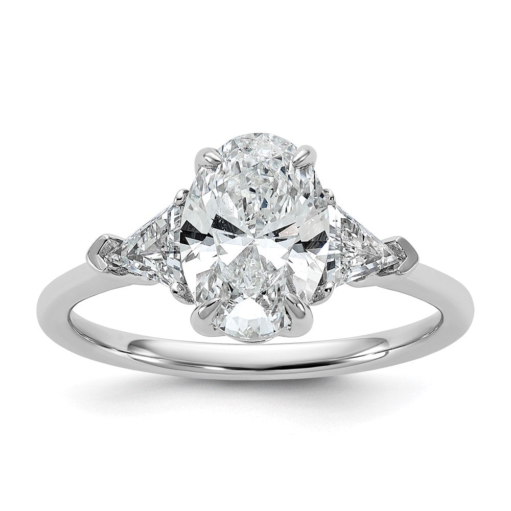 14K White Gold 1/2 carat Lab Grown Diamond VS+ F+ Trillion and 1 1/2 carat Oval Center Semi Mount Three Stone Engagement Ring