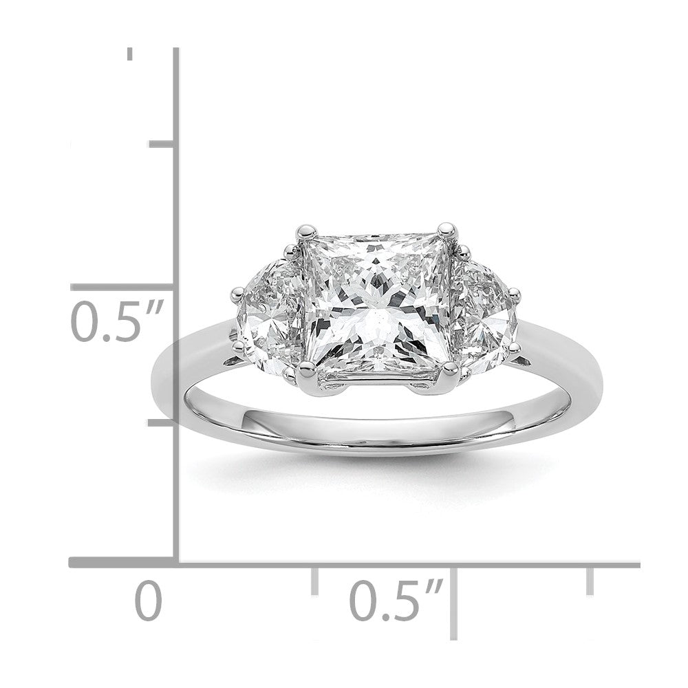 14K White Gold 1/2 carat Lab Grown Diamond VS+ F+ Half Moon 1 1/2 carat Princess Center Semi Mount Three Stone Engagement Ring