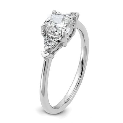 14K White Gold 1 1/2 carat Certified Lab Grown Diamond VS+ F+ Cushion and Triangle Complete Three Stone Engagement Ring