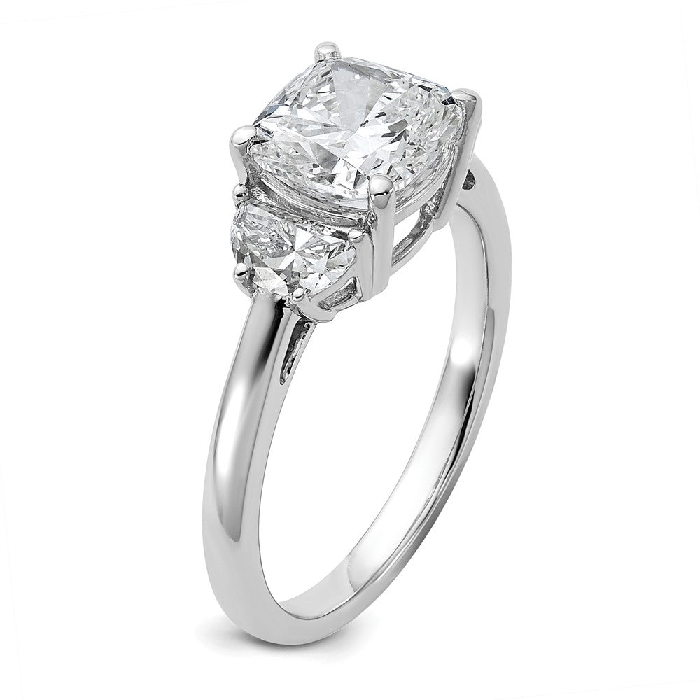14K White Gold 1/2 carat Lab Grown Diamond VS+ F+ Half Moon and 2 carat Cushion Center Semi Mount Three Stone Engagement Ring