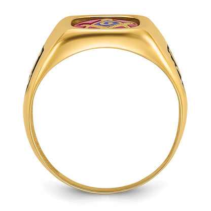 14K Yellow Gold Men's Polished and Textured with Black Enamel and Lab Created Ruby Masonic Ring