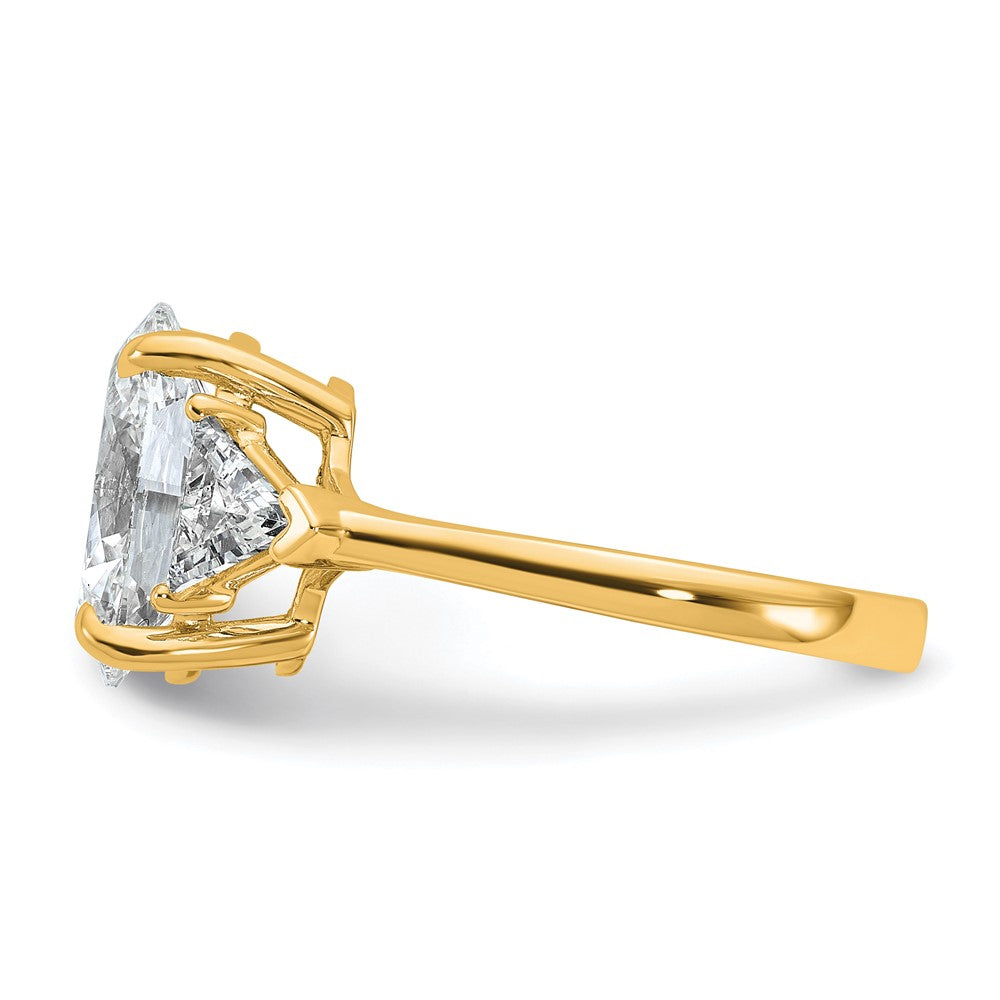 14K Yellow Gold 1 1/8 carat Lab Grown Diamond VS+ F+ Trillion and 3 carat Oval Center Semi Mount Three Stone Engagement Ring