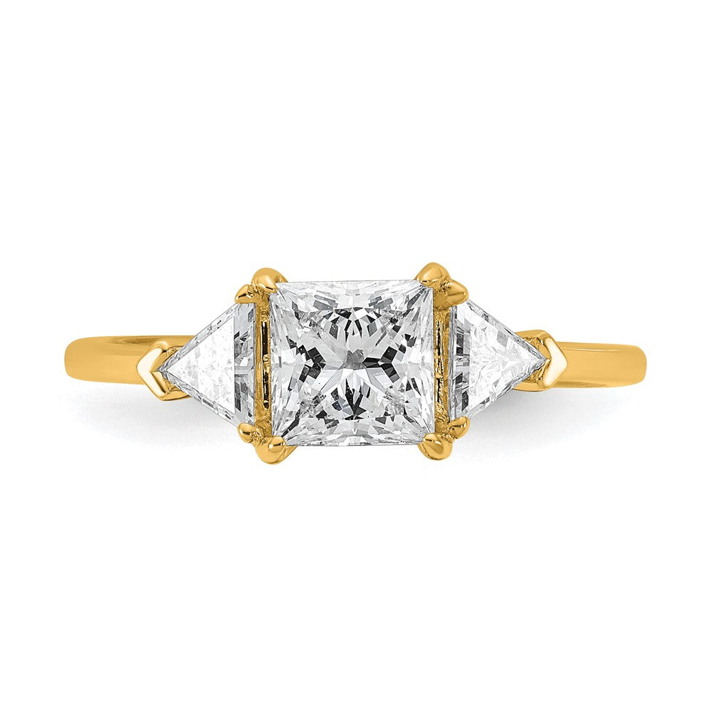 14K Yellow Gold 1/2 carat Lab Grown Diamond VS+ F+ Trillion and 1 carat Princess Center Semi Mount Three Stone Engagement Ring