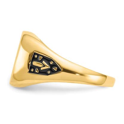 14K Yellow Gold Men's Polished and Textured with Black Enamel and Lab Created Ruby Masonic Ring