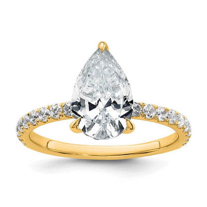 14K Yellow Gold 2 5/8 carat Certified Lab Grown Diamond VS+ F+ Pear Complete Solitaire with Flair Engagement Ring