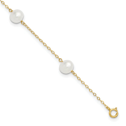 10K Yellow Gold 7-8mm White Near Round Freshwater Cultured Pearl 5-Station 10 Inch Anklet