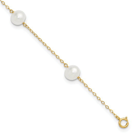 10K Yellow Gold 7-8mm White Near Round Freshwater Cultured Pearl 5-Station 10 Inch Anklet