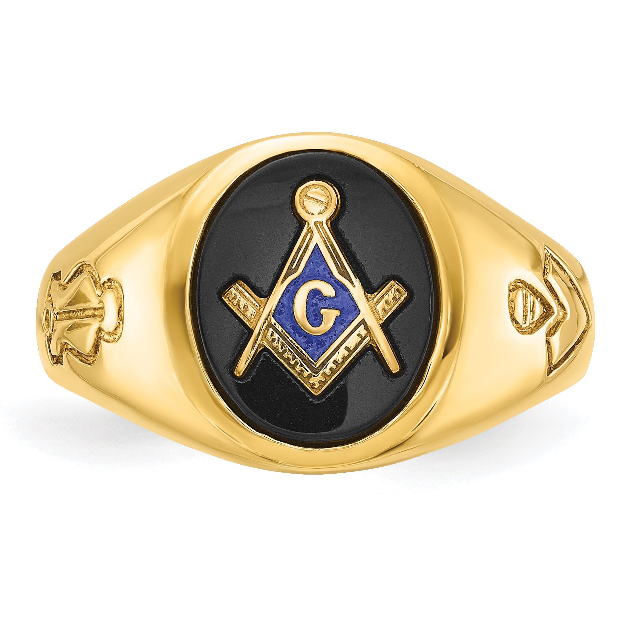 10K Yellow Gold Ibgoodman Men'S Polished And Grooved Blue Lodge Master Masonic Ring Mounting