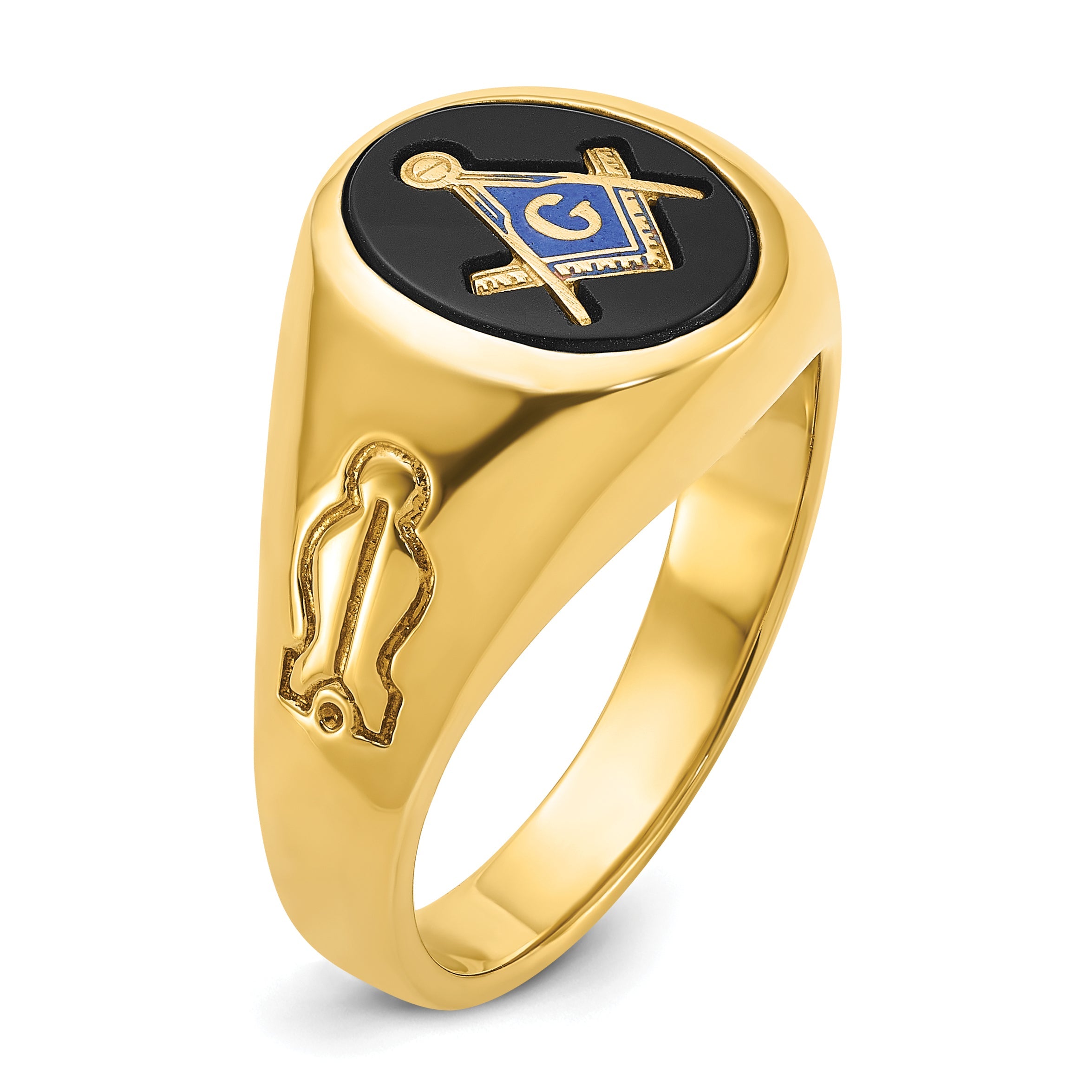 10K Yellow Gold Ibgoodman Men'S Polished And Grooved Blue Lodge Master Masonic Ring Mounting