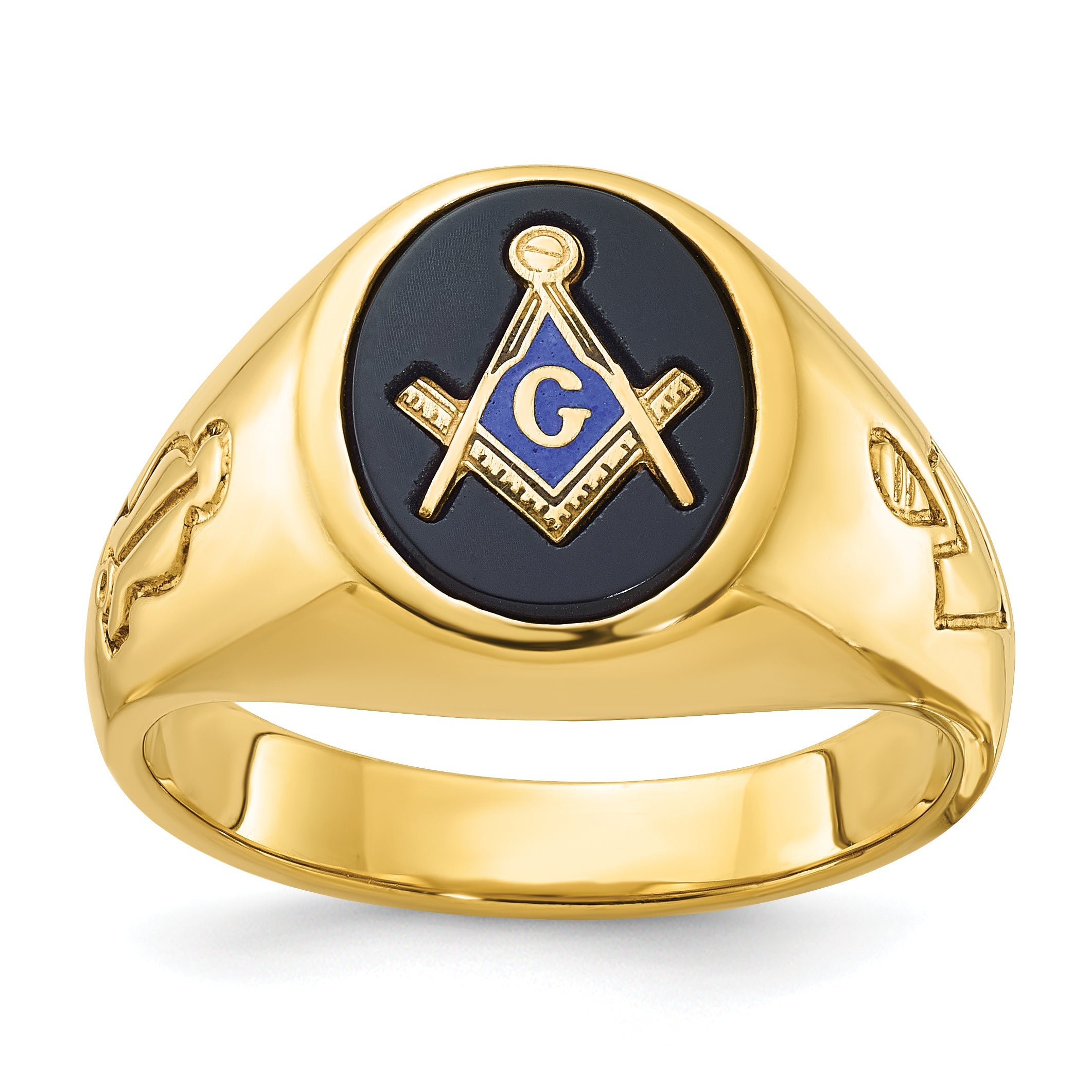 10K Yellow Gold Ibgoodman Men'S Polished And Grooved Blue Lodge Master Masonic Ring Mounting