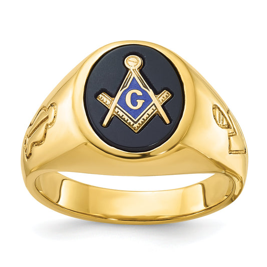 10K Yellow Gold Ibgoodman Men'S Polished And Grooved Blue Lodge Master Masonic Ring Mounting