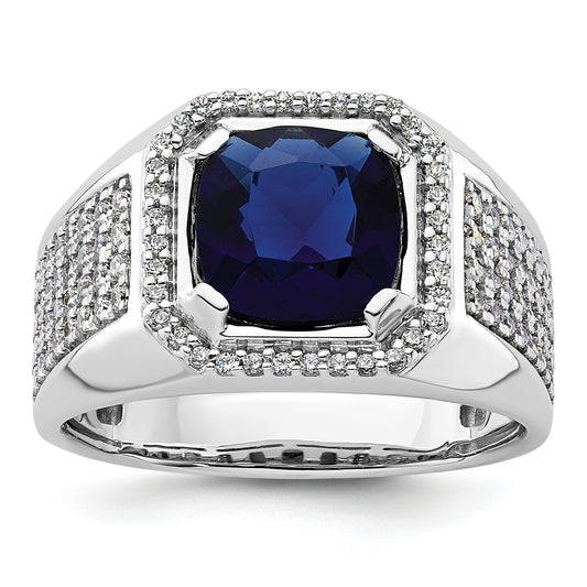 14k White Gold 7/8 Ct. Lab Grown Diamond VS/SI+ G+ and Created Blue Sapphire Men's Ring