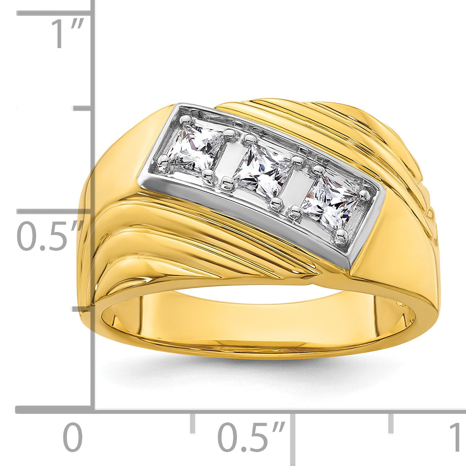 14k Yellow & Rhodium with White 1/2 Ct. Lab Grown Diamond VS/SI+ G+ Polished and Grooved Three Stone Men's Ring