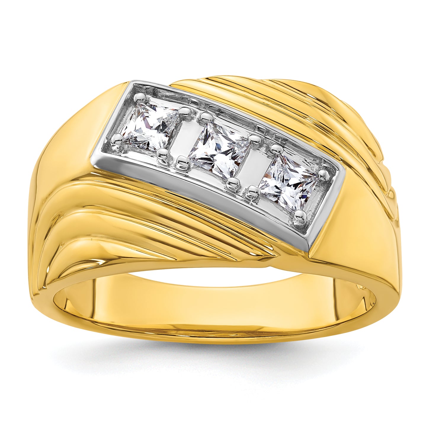 14k Yellow & Rhodium with White 1/2 Ct. Lab Grown Diamond VS/SI+ G+ Polished and Grooved Three Stone Men's Ring