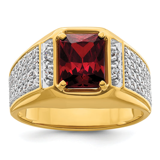 14k Yellow Gold White Rhodium 3/4 Ct. Lab Grown Diamond VS/SI+ G+ and Created Ruby Men's Ring