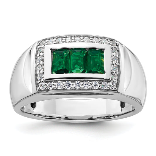 14k White Gold 1/3 Ct. Lab Grown Diamond VS/SI+ G+ and Created Emerald Men's Ring