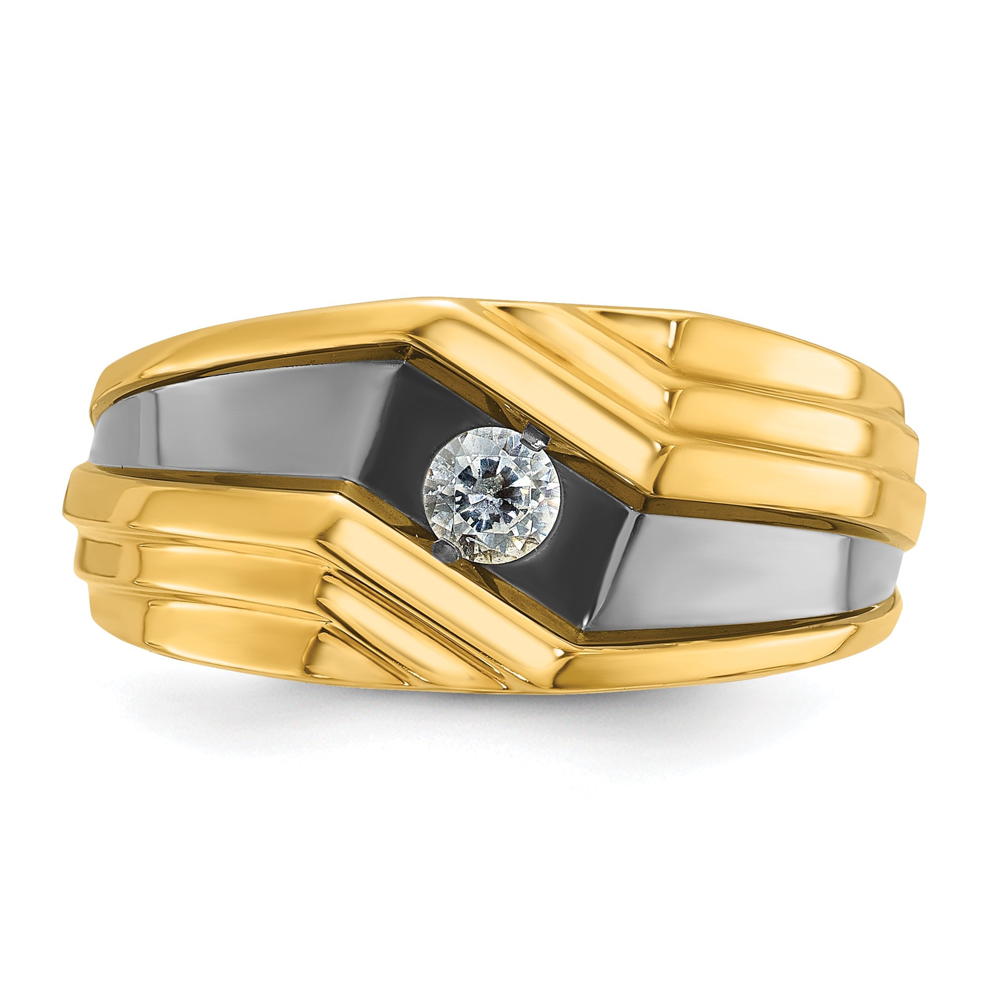 10K Yellow Gold Ibgoodman With Black Rhodium Men'S Polished And Grooved 1/6 Carat A Quality Diamond Ring
