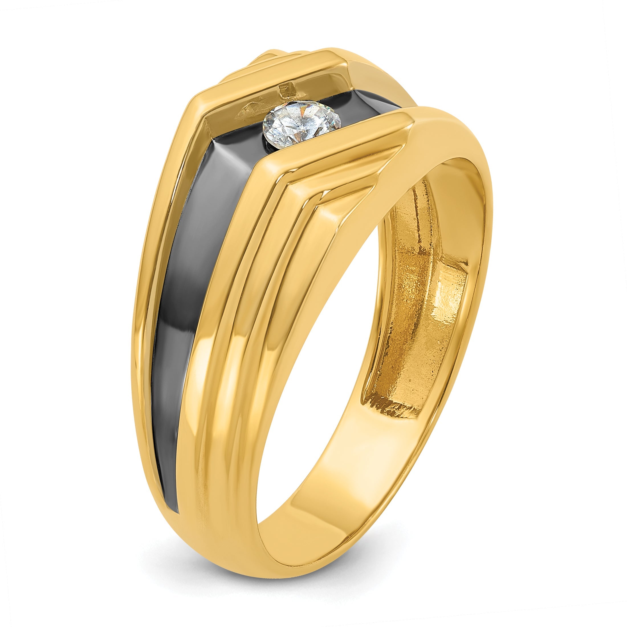10K Yellow Gold Ibgoodman With Black Rhodium Men'S Polished And Grooved 1/6 Carat A Quality Diamond Ring