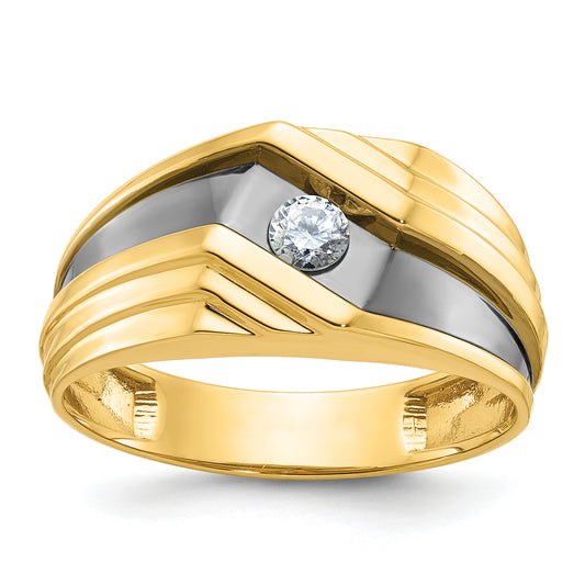 14k Yellow Gold with Black Rhodium 1/6 Ct. Lab Grown Diamond VS/SI+ G+ Polished and Grooved Men's Ring