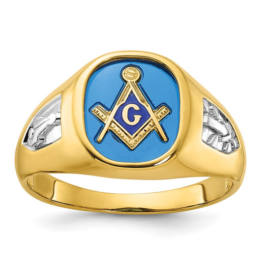 10K Yellow Gold Ibgoodman Men'S Polished And Textured Blue Lodge Master Masonic Ring Mounting