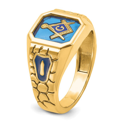 10K Yellow Gold Ibgoodman Men'S Polished And Textured Blue Lodge Master Masonic Ring Mounting