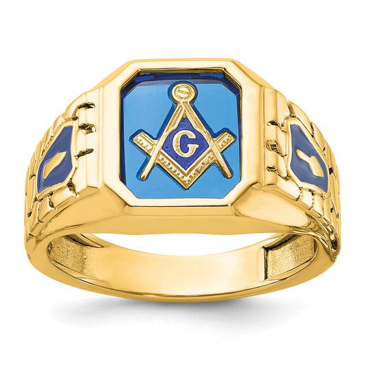 10K Yellow Gold Ibgoodman Men'S Polished And Textured Blue Lodge Master Masonic Ring Mounting
