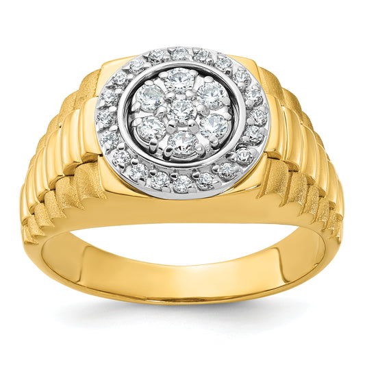 14k Two-Tone 1/2 Ct. Lab Grown Diamond VS/SI+ G+ Round Polished Satin and Ribbed Men's Cluster Ring