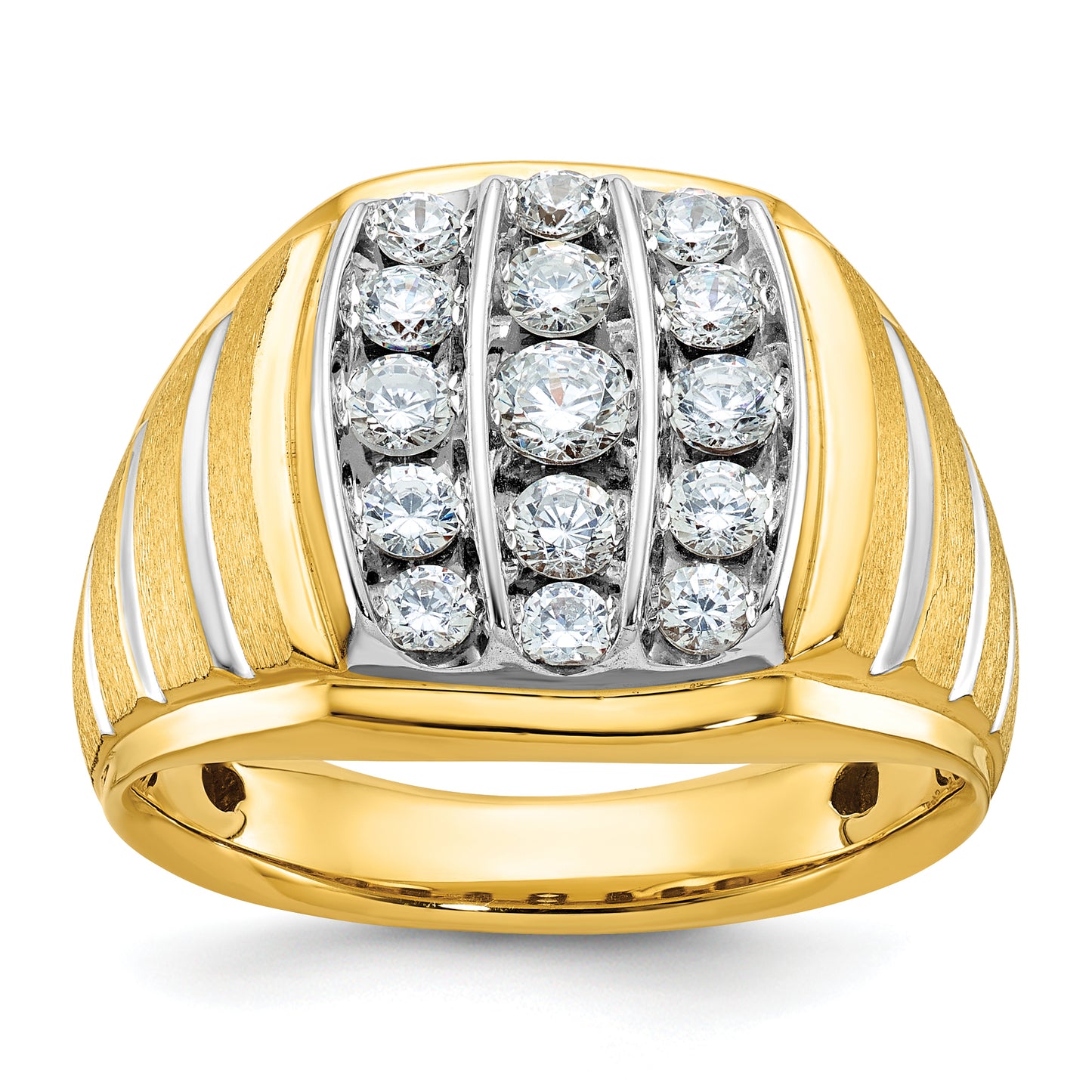 14k Two-tone Two Tone 1 Ct. Lab Grown Diamond VS/SI+ G+ Polished Satin and Grooved Men's Cluster Ring