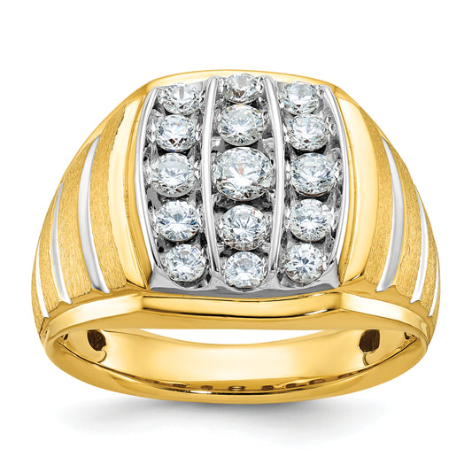 14k Two-tone Two Tone 1 Ct. Lab Grown Diamond VS/SI+ G+ Polished Satin and Grooved Men's Cluster Ring